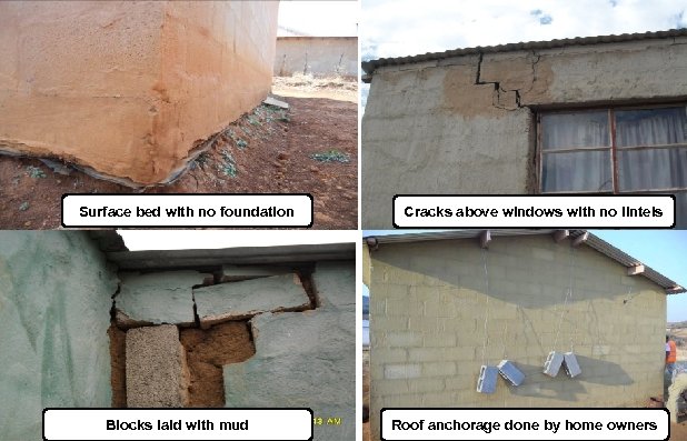 Surface bed with no foundation Blocks laid with mud Cracks above windows with no