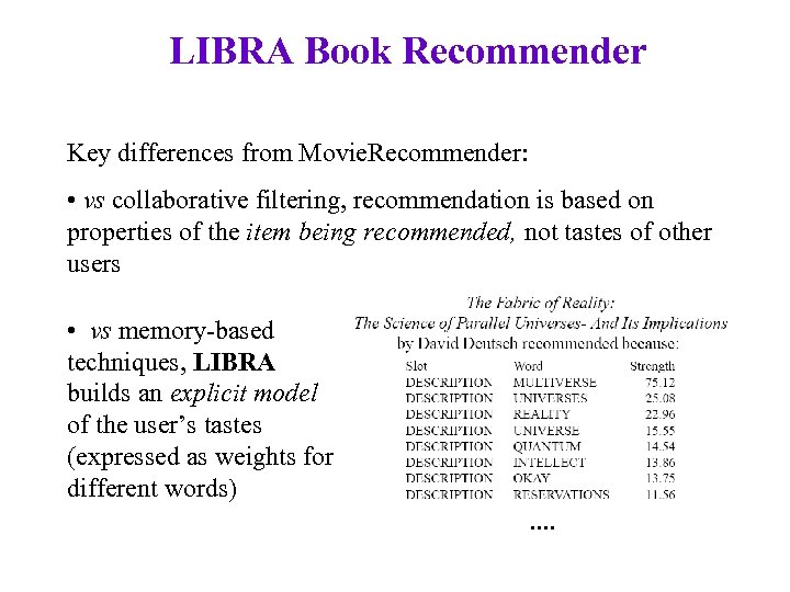 LIBRA Book Recommender Key differences from Movie. Recommender: • vs collaborative filtering, recommendation is