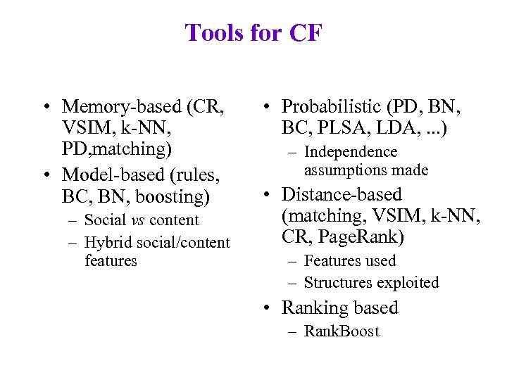 Tools for CF • Memory-based (CR, VSIM, k-NN, PD, matching) • Model-based (rules, BC,