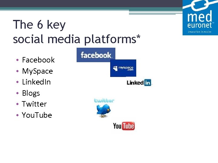 The 6 key social media platforms* • • • Facebook My. Space Linked. In