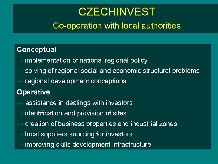 CZECHINVEST Co-operation with local authorities Conceptual implementation of national regional policy solving of regional