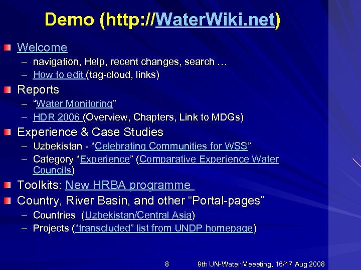 Demo (http: //Water. Wiki. net) Welcome – navigation, Help, recent changes, search … –