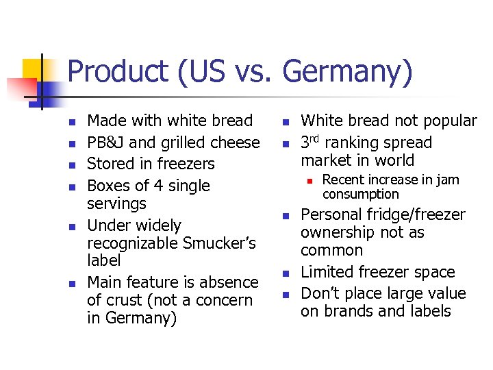 Product (US vs. Germany) n n n Made with white bread PB&J and grilled