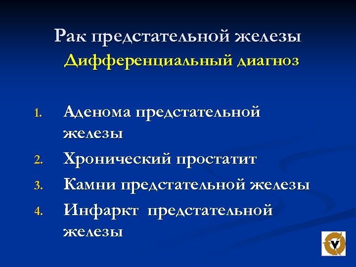 Рак предстательной железы Дифференциальный диагноз 1. 2. 3. 4. Аденома предстательной железы Хронический простатит