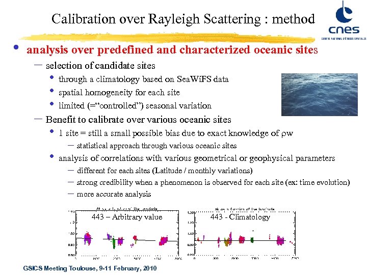 Calibration over Rayleigh Scattering : method • analysis over predefined and characterized oceanic sites