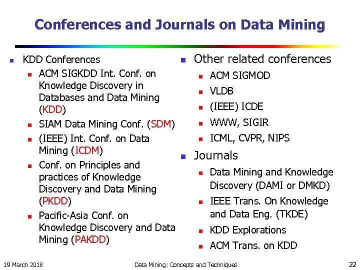Conferences and Journals on Data Mining n KDD Conferences n ACM SIGKDD Int. Conf.