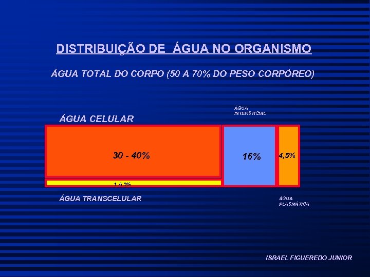 DISTRIBUIÇÃO DE ÁGUA NO ORGANISMO ÁGUA TOTAL DO CORPO (50 A 70% DO PESO