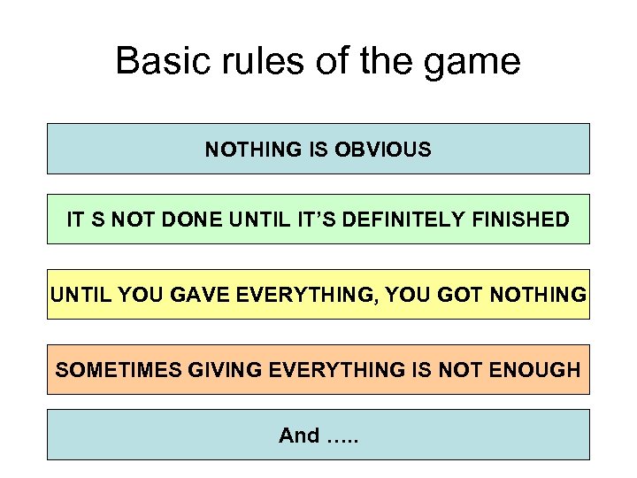 Basic rules of the game NOTHING IS OBVIOUS IT S NOT DONE UNTIL IT’S