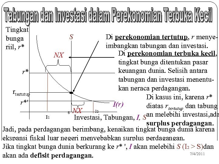 Tingkat bunga riil, r* S Di perekonomian tertutup, r menyeimbangkan tabungan dan investasi. Di