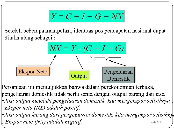 Y = C + I + G + NX Setelah beberapa manipulasi, identitas pos