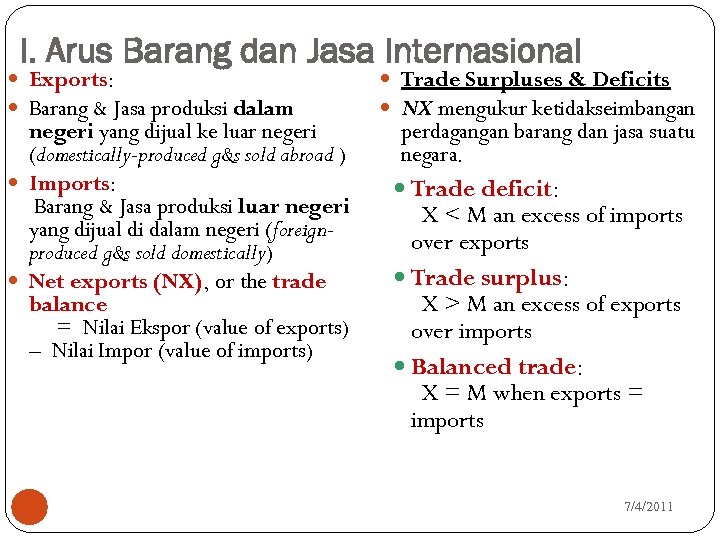 I. Arus Barang dan Jasa Internasional Exports: Barang & Jasa produksi dalam negeri yang