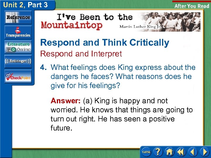 Unit 2, Part 3 Respond and Think Critically Respond and Interpret 4. What feelings