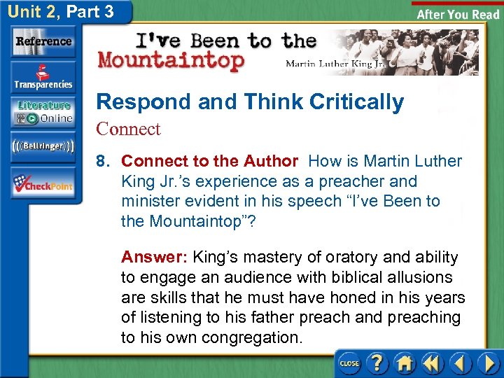 Unit 2, Part 3 Respond and Think Critically Connect 8. Connect to the Author