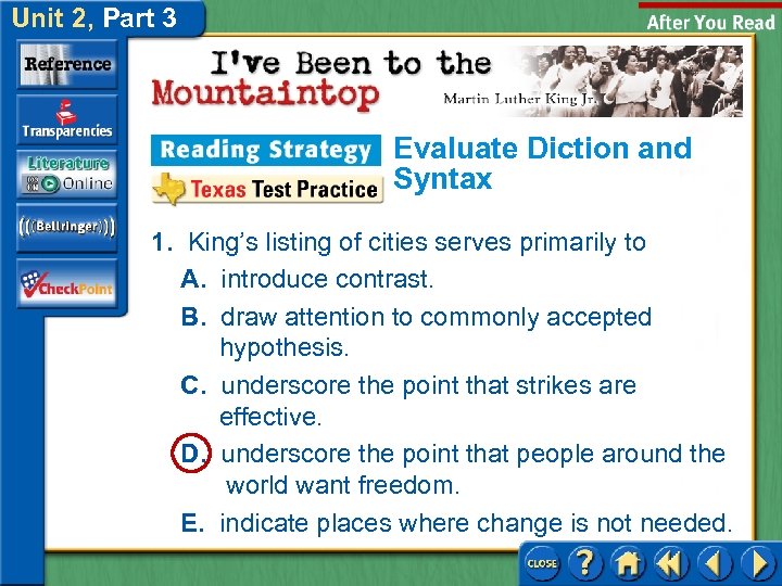 Unit 2, Part 3 Evaluate Diction and Syntax 1. King’s listing of cities serves