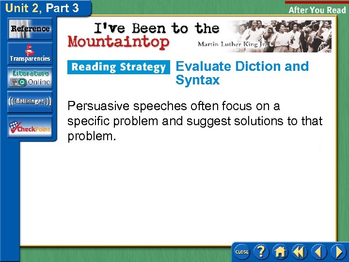 Unit 2, Part 3 Evaluate Diction and Syntax Persuasive speeches often focus on a