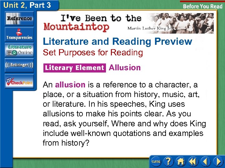 Unit 2, Part 3 Literature and Reading Preview Set Purposes for Reading Allusion An