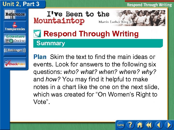 Unit 2, Part 3 Respond Through Writing Summary Plan Skim the text to find