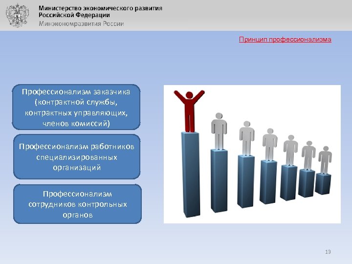 Принцип профессионализма Профессионализм заказчика (контрактной службы, контрактных управляющих, членов комиссий) Профессионализм работников специализированных организаций