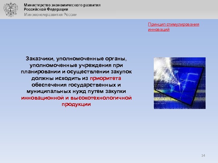 Принцип стимулирования инноваций Заказчики, уполномоченные органы, уполномоченные учреждения при планировании и осуществлении закупок должны