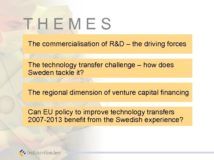 THEMES The commercialisation of R&D – the driving forces The technology transfer challenge –