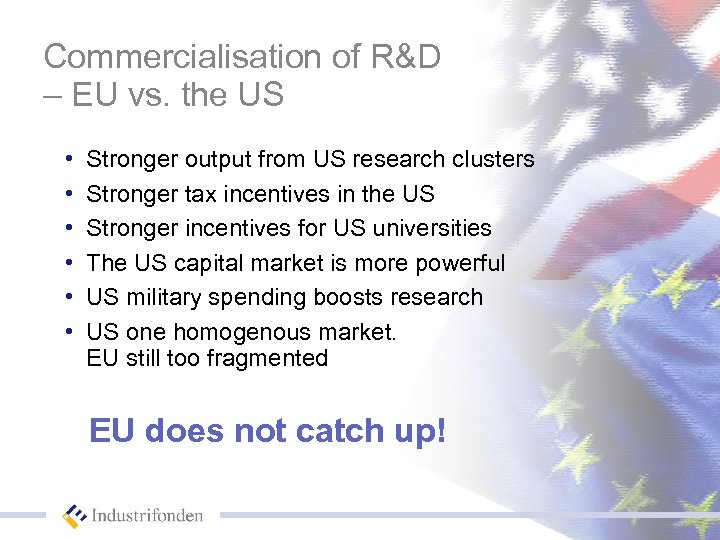 Commercialisation of R&D – EU vs. the US • • • Stronger output from
