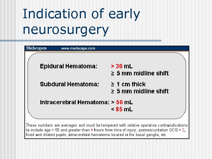 Indication of early neurosurgery 