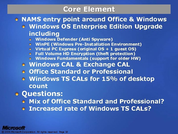 Core Element NAMS entry point around Office & Windows OS Enterprise Edition Upgrade including