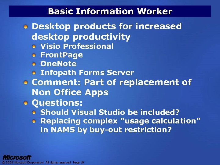 Basic Information Worker Desktop products for increased desktop productivity Visio Professional Front. Page One.