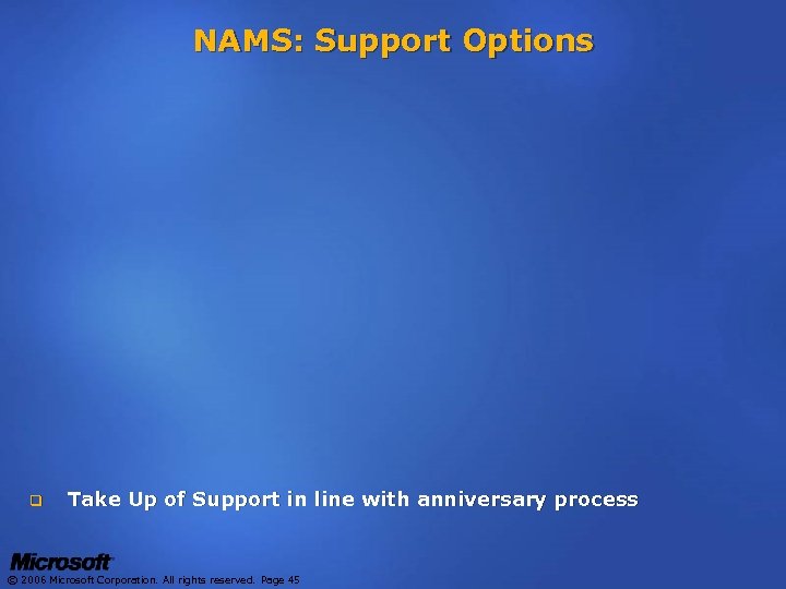 NAMS: Support Options q Take Up of Support in line with anniversary process ©