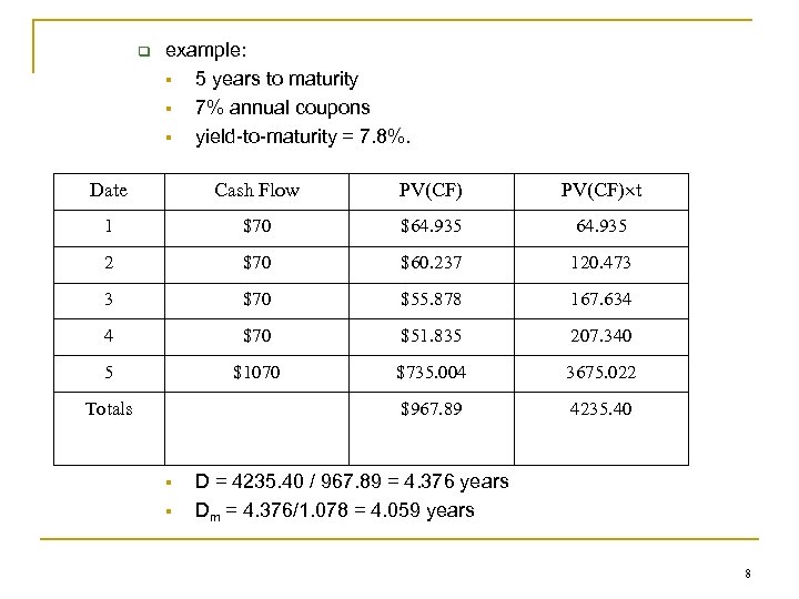 q example: § 5 years to maturity § 7% annual coupons § yield-to-maturity =