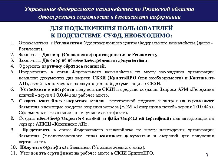 Управление Федерального казначейства по Рязанской области Отдел режима секретности и безопасности информации ДЛЯ ПОДКЛЮЧЕНИЯ