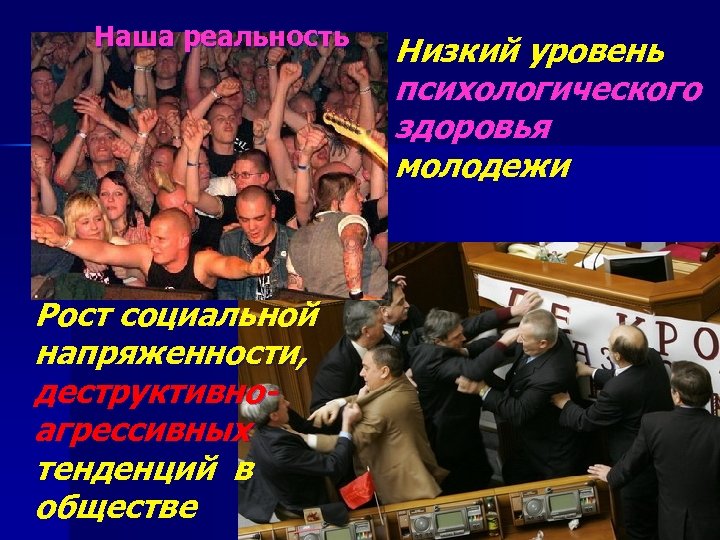 Наша реальность Рост социальной напряженности, деструктивноагрессивных тенденций в обществе Низкий уровень психологического здоровья молодежи