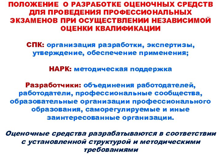 ПОЛОЖЕНИЕ О РАЗРАБОТКЕ ОЦЕНОЧНЫХ СРЕДСТВ ДЛЯ ПРОВЕДЕНИЯ ПРОФЕССИОНАЛЬНЫХ ЭКЗАМЕНОВ ПРИ ОСУЩЕСТВЛЕНИИ НЕЗАВИСИМОЙ ОЦЕНКИ КВАЛИФИКАЦИИ