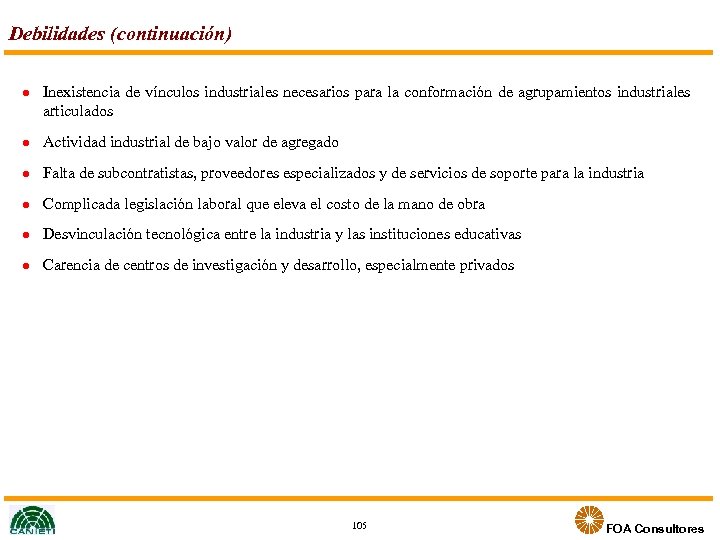 Debilidades (continuación) l Inexistencia de vínculos industriales necesarios para la conformación de agrupamientos industriales