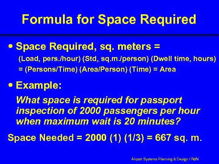 Formula for Space Required, sq. meters = (Load, pers. /hour) (Std, sq. m. /person)