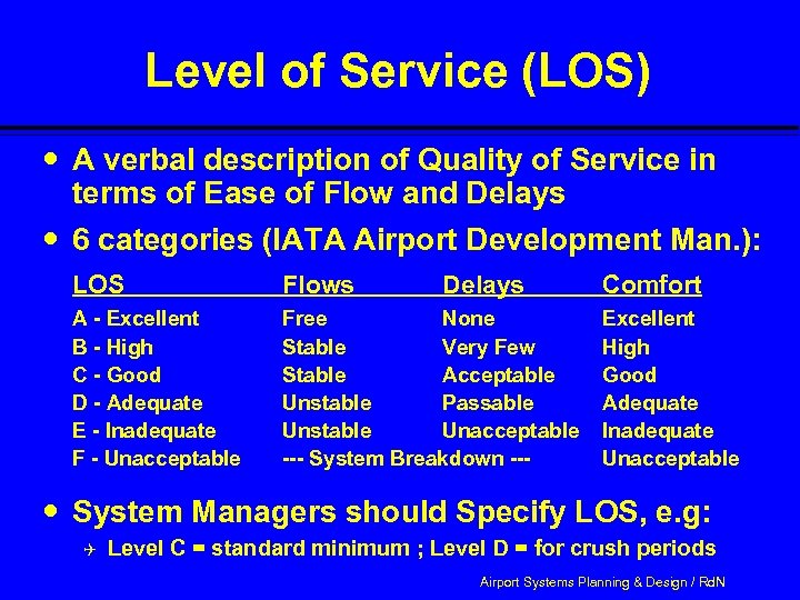 Level of Service (LOS) A verbal description of Quality of Service in terms of