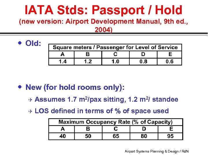 IATA Stds: Passport / Hold (new version: Airport Development Manual, 9 th ed. ,