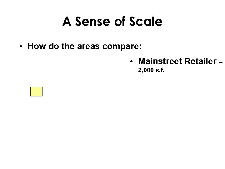 A Sense of Scale • How do the areas compare: • Mainstreet Retailer –