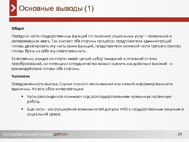 Основные выводы (1) Общее Передача части государственных функций по оказанию социальных услуг – правильная