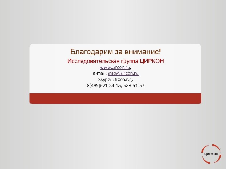 Благодарим за внимание! Исследовательская группа ЦИРКОН www. zircon. ru, e-mail: info@zircon. ru Skype: zircon.