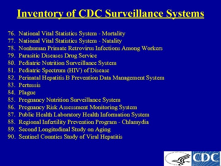 Inventory of CDC Surveillance Systems 76. 77. 78. 79. 80. 81. 82. 83. 84.