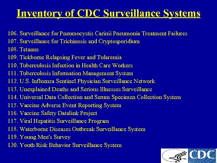 Inventory of CDC Surveillance Systems 106. Surveillance for Pneumocystis Carinii Pneumonia Treatment Failures 107.