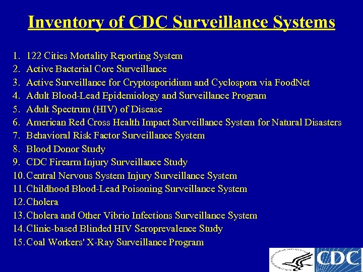Inventory of CDC Surveillance Systems 1. 122 Cities Mortality Reporting System 2. Active Bacterial