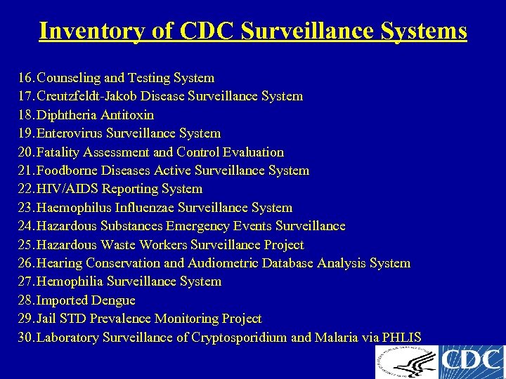 Inventory of CDC Surveillance Systems 16. Counseling and Testing System 17. Creutzfeldt-Jakob Disease Surveillance