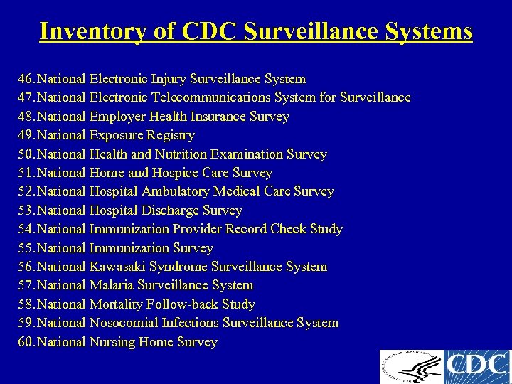 Inventory of CDC Surveillance Systems 46. National Electronic Injury Surveillance System 47. National Electronic