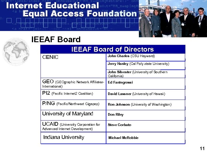 IEEAF Board of Directors CENIC John Charles (CSU Hayward) Jerry Hanley (Cal Poly state