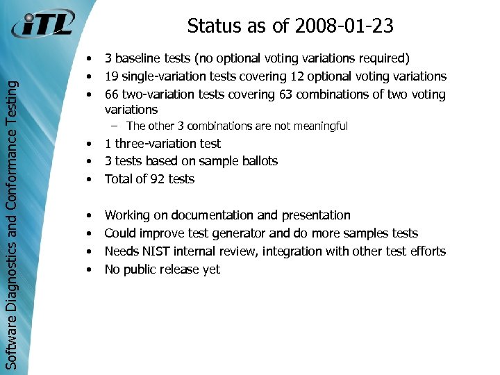 Software Diagnostics and Conformance Testing Status as of 2008 -01 -23 • • •