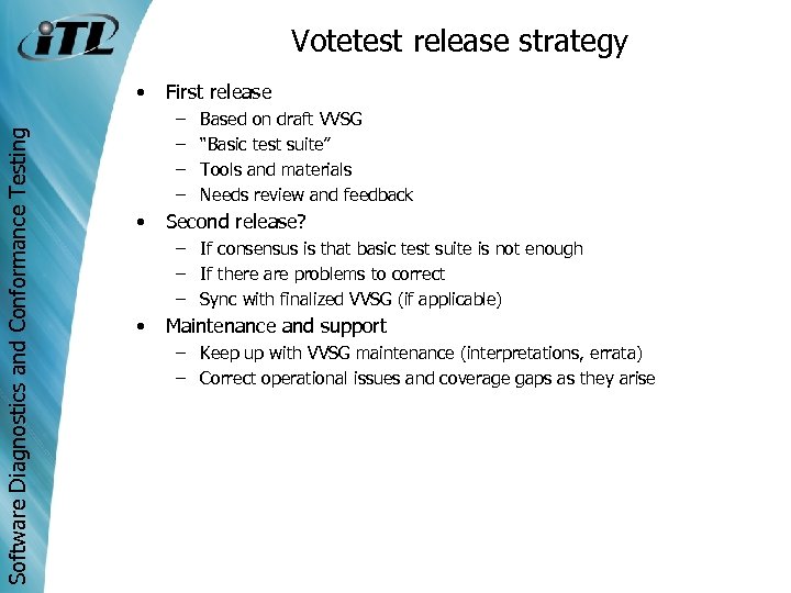 Votetest release strategy Software Diagnostics and Conformance Testing • First release – – •