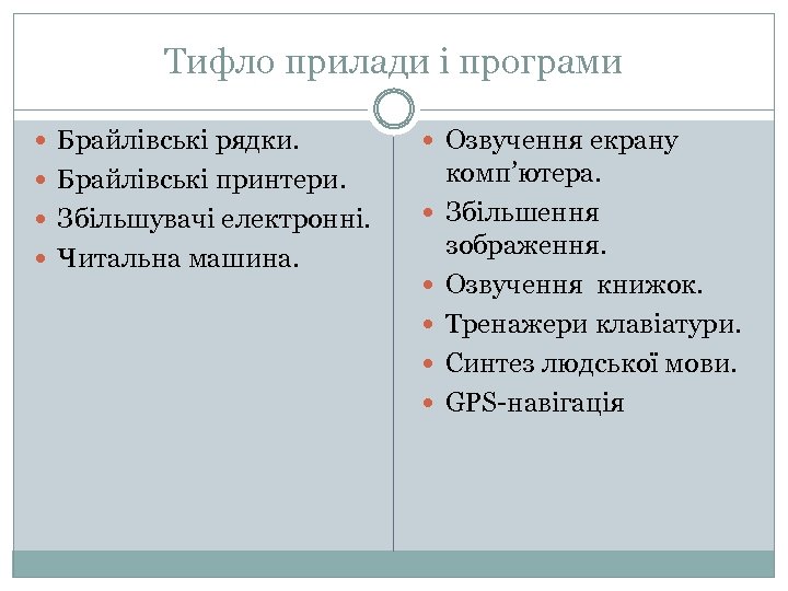 Тифло прилади і програми Брайлівські рядки. Озвучення екрану Брайлівські принтери. Збільшувачі електронні. Читальна машина.
