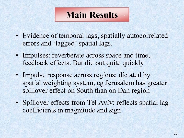 Main Results • Evidence of temporal lags, spatially autocorrelated errors and ‘lagged’ spatial lags.